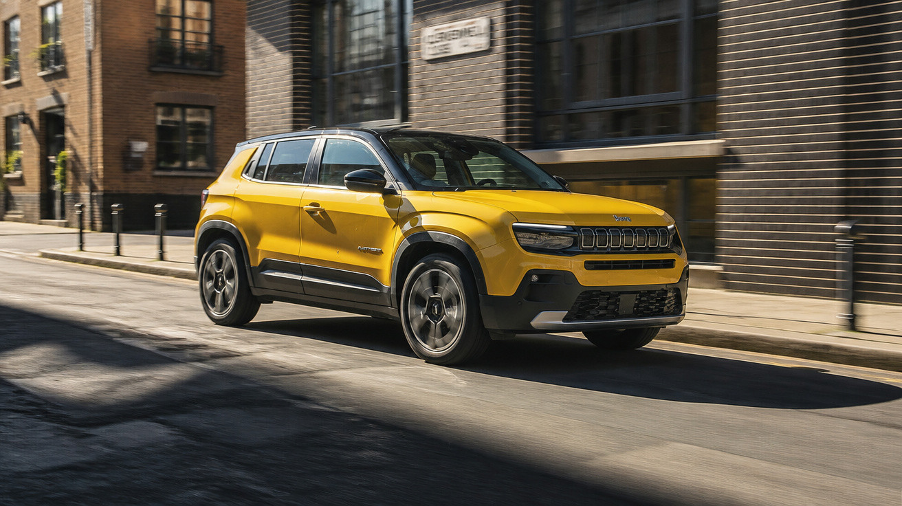 Gelber Jeep SUV fährt auf einer sonnigen Straße in einer städtischen Umgebung mit Backsteingebäuden.