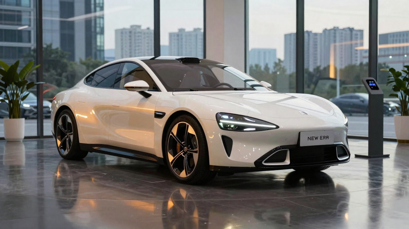 Weißes Elektroauto mit moderner Aerodynamik steht in einer Glasgarage vor Stadtgebäuden.