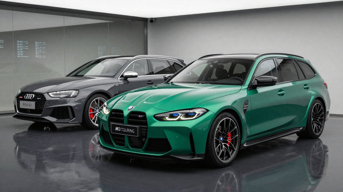 Grüner BMW M3 Touring und grauer Audi RS4 Avant nebeneinander in modernem Showroom.