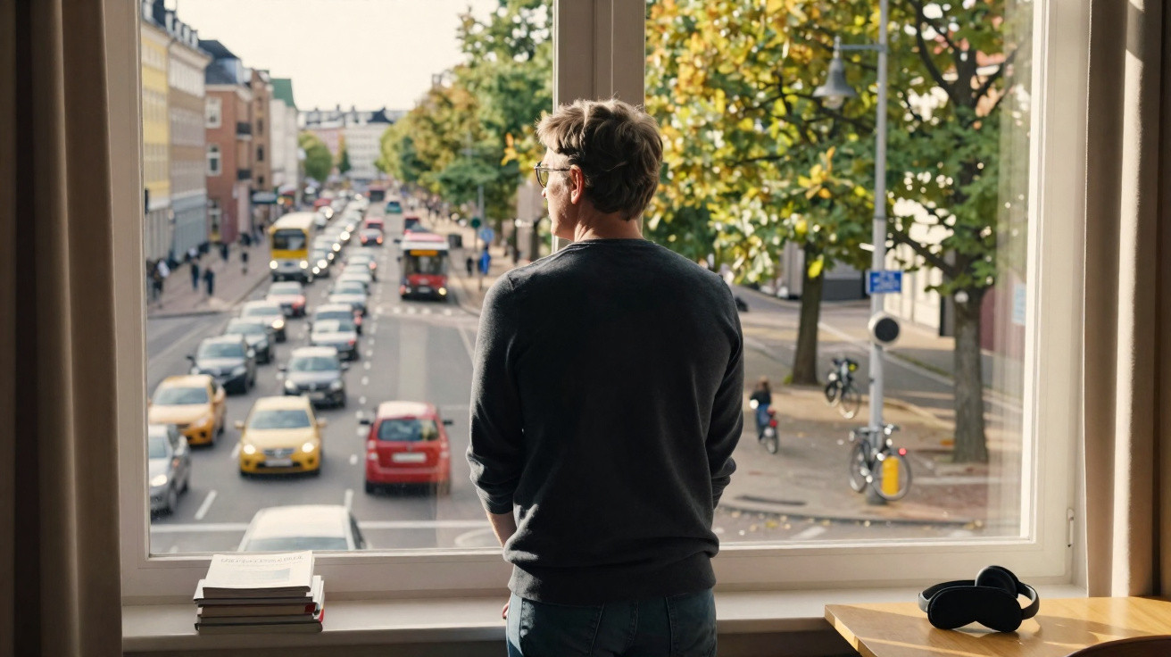 Mann blickt von Fenster aus auf eine belebte Stadtstraße mit Autos, Radfahrern und Bäumen im Herbst.