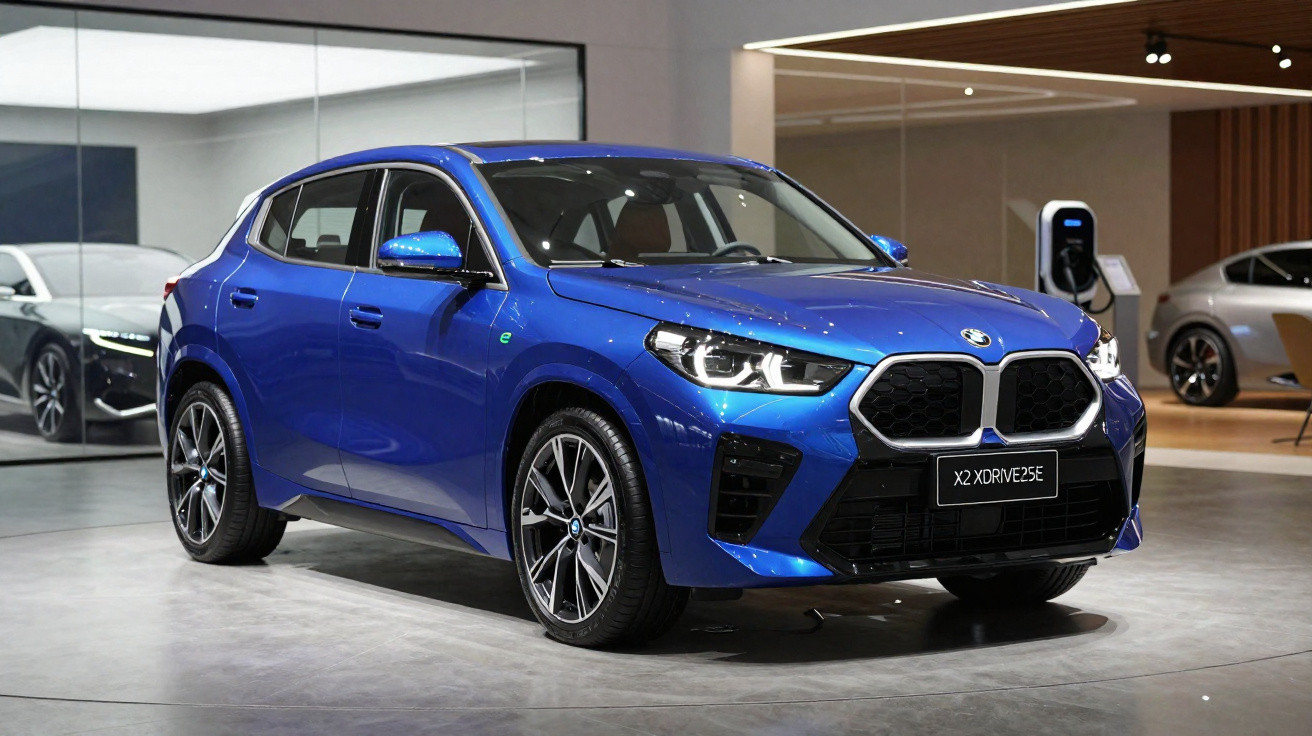 Blauer BMW X2 xDrive25e Elektro-SUV in modernem Ausstellungsraum mit anderen Fahrzeugen im Hintergrund