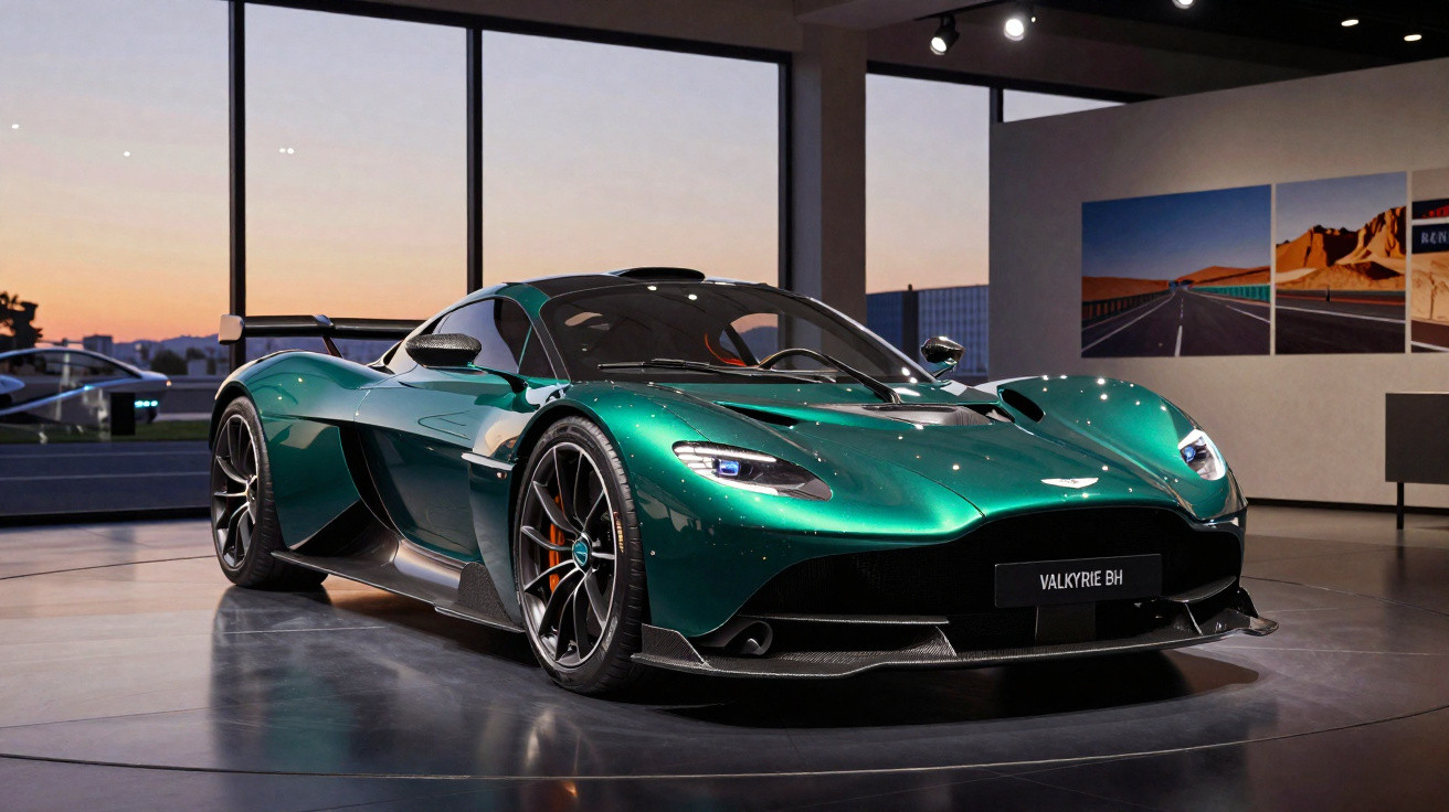 Grüner Aston Martin Valkyrie Supersportwagen in modernem Ausstellungsraum bei Dämmerung.