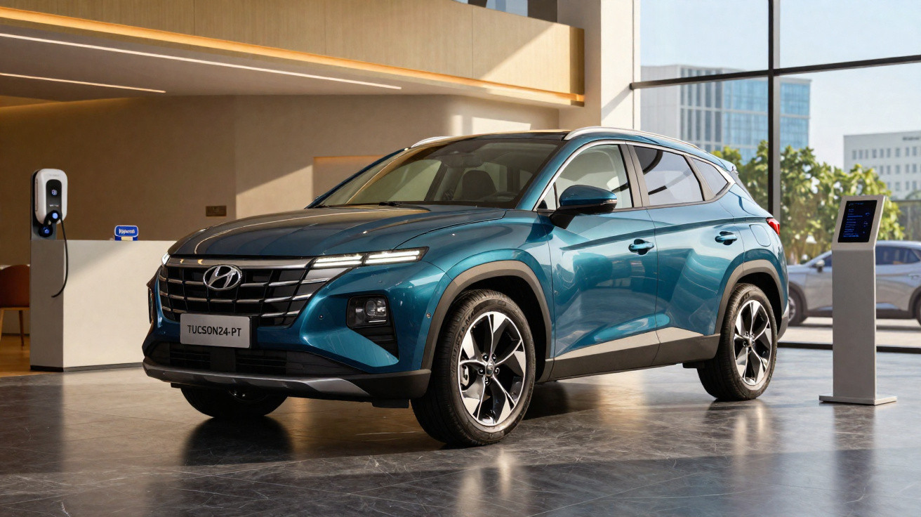 Blauer Hyundai Tucson SUV steht in modernem Showroom neben Ladestation und Informationsdisplay.