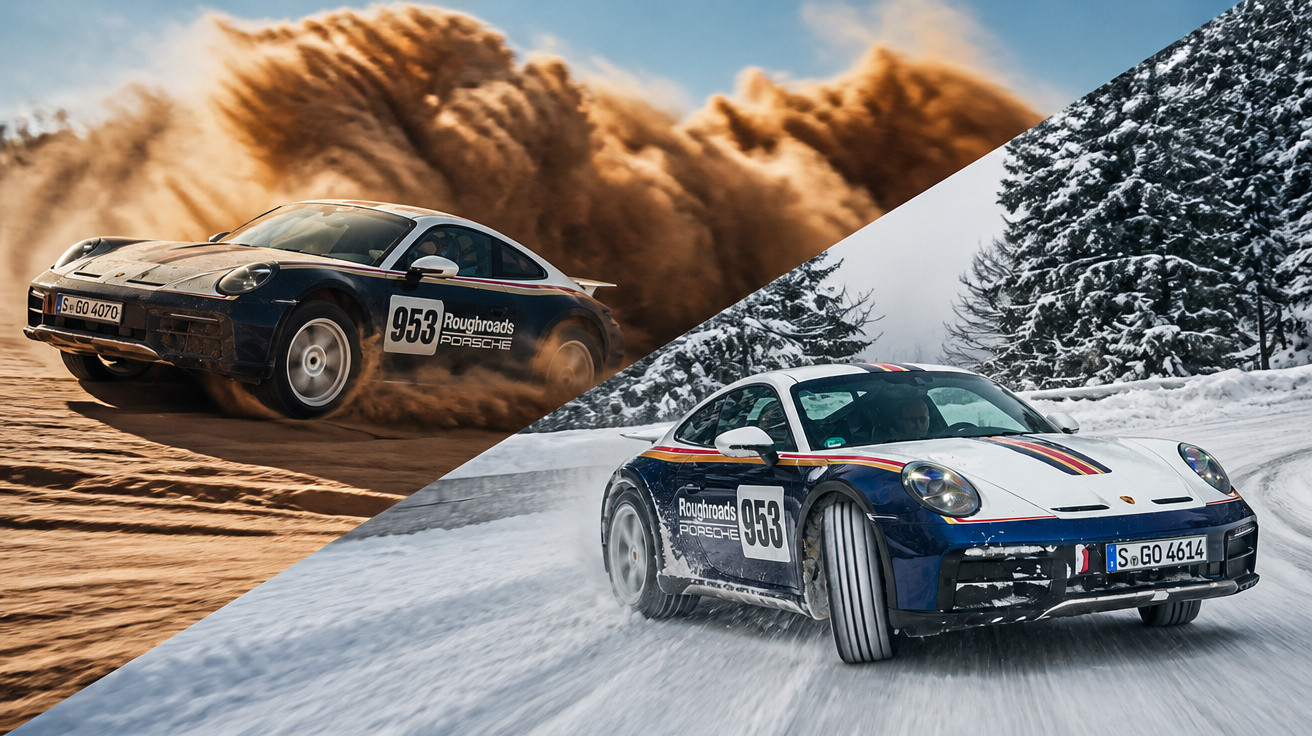 Zwei Porsche 911 mit der Startnummer 953 fahren auf Schotterpiste und schneebedeckter Straße bei unterschiedlichen Witterunge