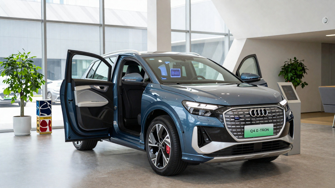 Blauer Audi Q4 E-Tron mit offenen Türen in einem modernen Showroom mit großen Fenstern.
