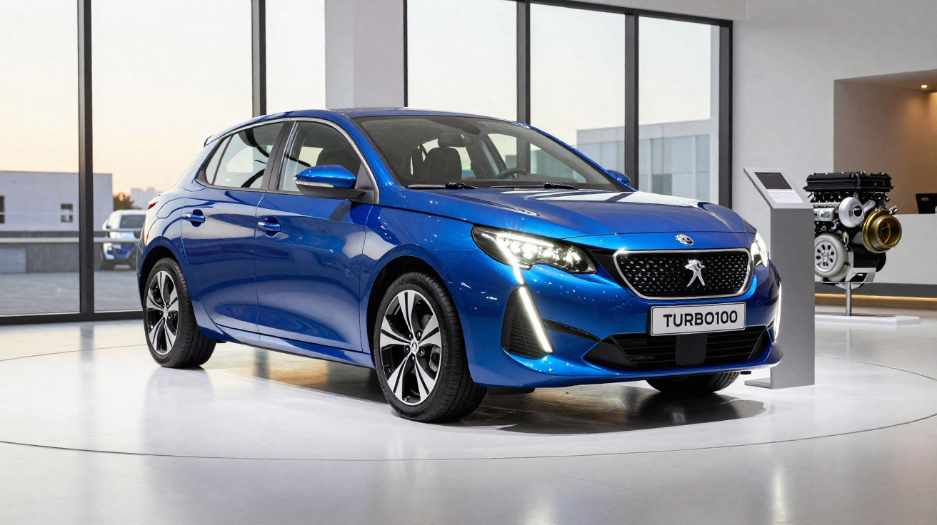 Blauer Peugeot Kleinwagen mit auffälligem Frontdesign, präsentiert in einem modernen Ausstellungsraum.