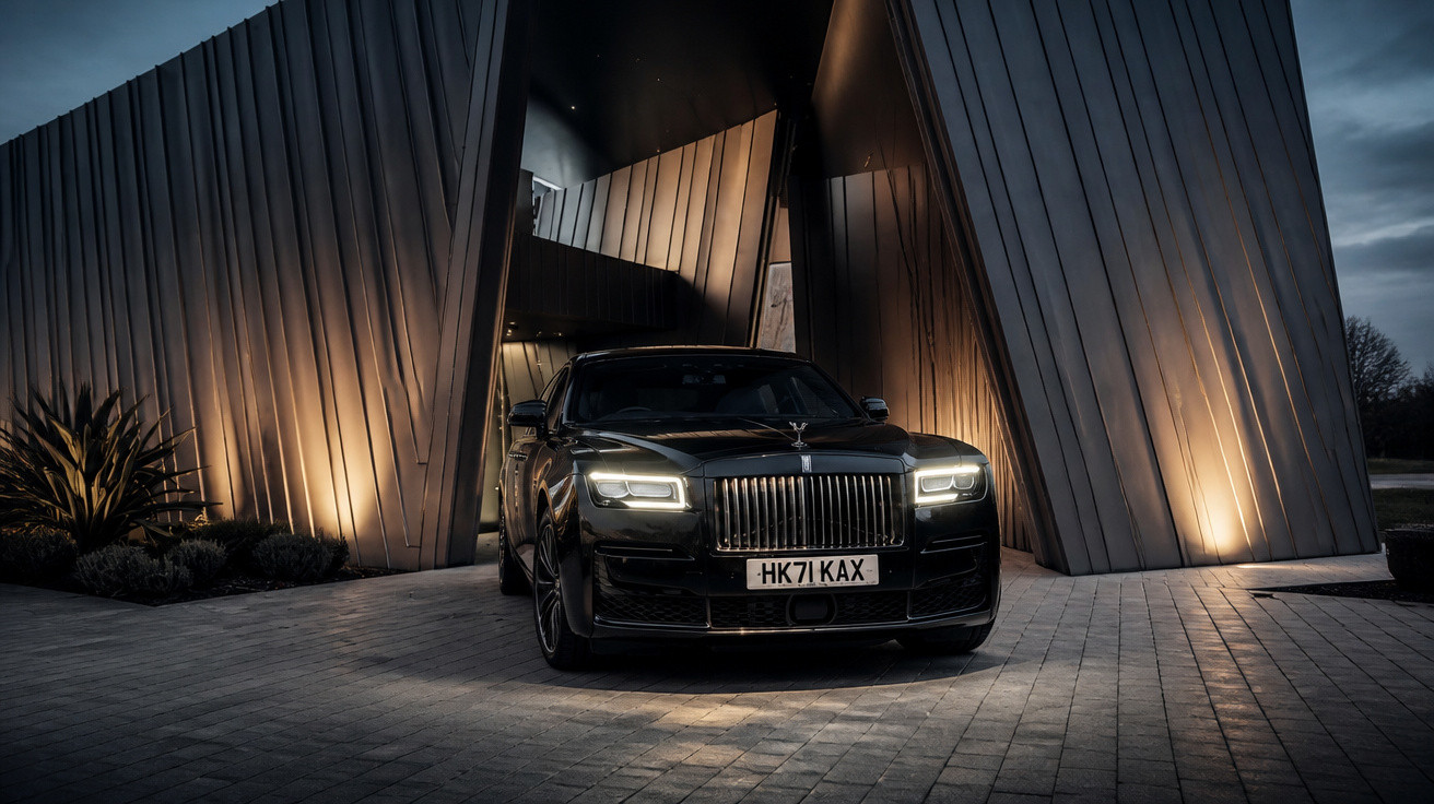 Luxuriöser schwarzer Rolls-Royce vor modern beleuchtetem Gebäude bei Dämmerung geparkt.