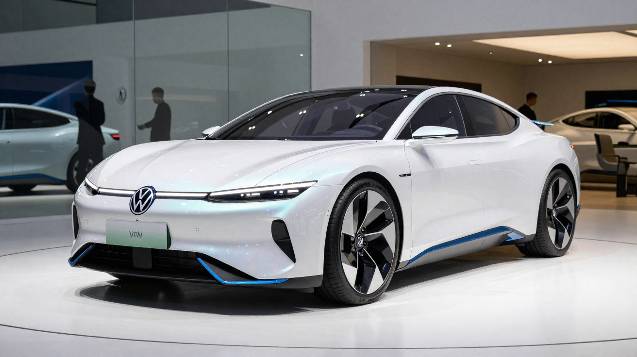 Weißer Volkswagen ID. Aero Elektroauto auf Ausstellung mit futuristischem Design und klaren Linien.
