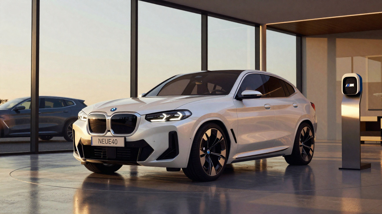 Weißer BMW Neue40 Elektro-SUV in modernem Showroom neben Ladesäule bei Sonnenuntergang.
