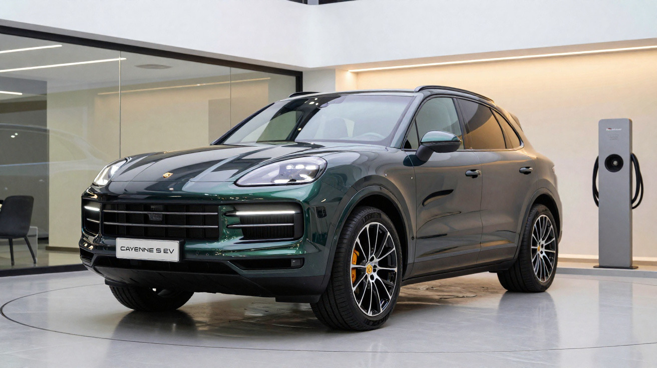 Dunkelgrüner Porsche Cayenne S E-Hybrid SUV in einem modernen Ausstellungsraum neben einer Ladestation.