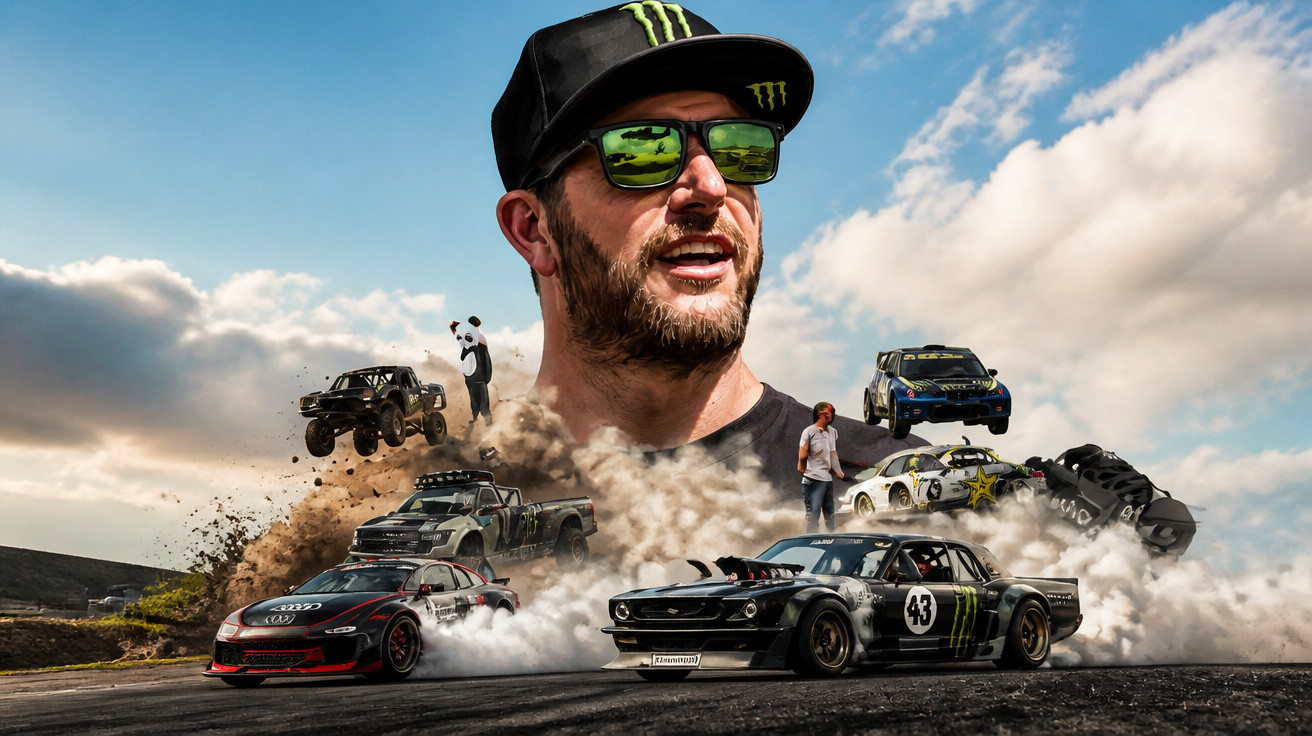 Porträt eines Mannes mit Sonnenbrille und Mütze, umgeben von Rennwagen und Offroad-Fahrzeugen in Aktion.