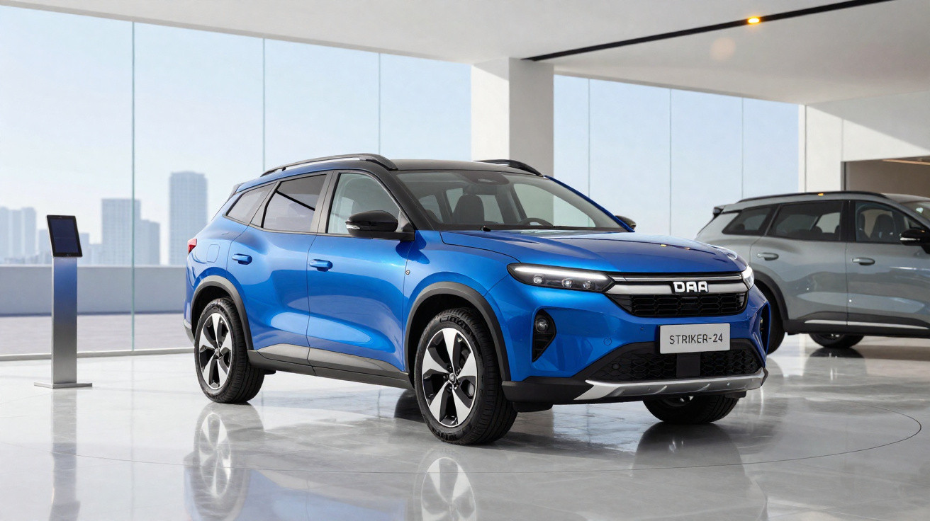 Blauer DAA Striker-24 Elektro-SUV in modernem Showroom mit Glasfenstern und Stadtblick im Hintergrund.