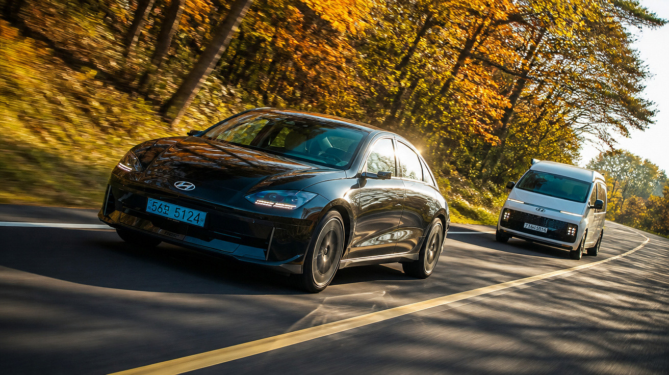 Schwarzes Hyundai Elektroauto und weißer Hyundai Kleinbus fahren auf herbstlich bewaldeter Landstraße.