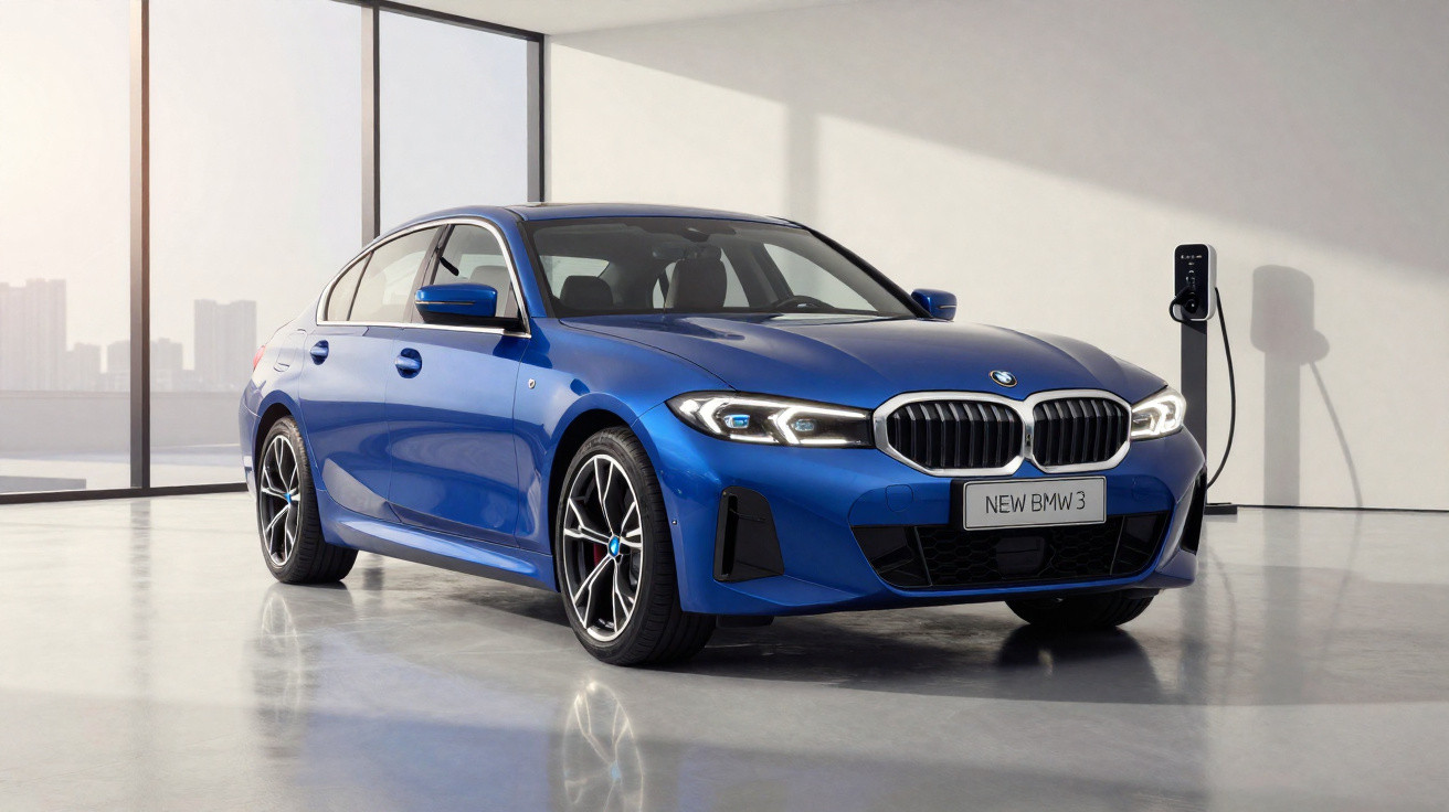 Blauer BMW 3er mit leuchtenden Scheinwerfern steht an Ladestation in modernem Raum mit großen Fenstern.