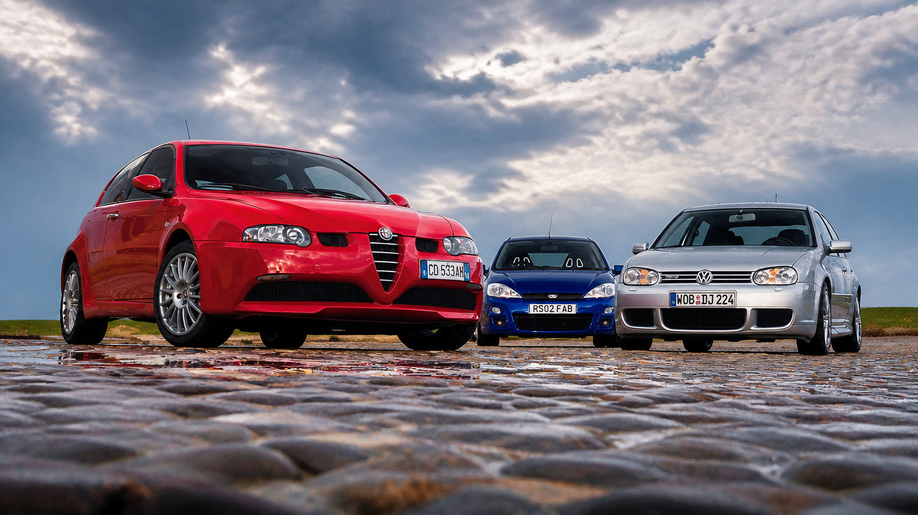 Drei Autos – roter Alfa Romeo, blauer Ford und silberner Volkswagen auf Kopfsteinpflaster unter bewölktem Himmel.