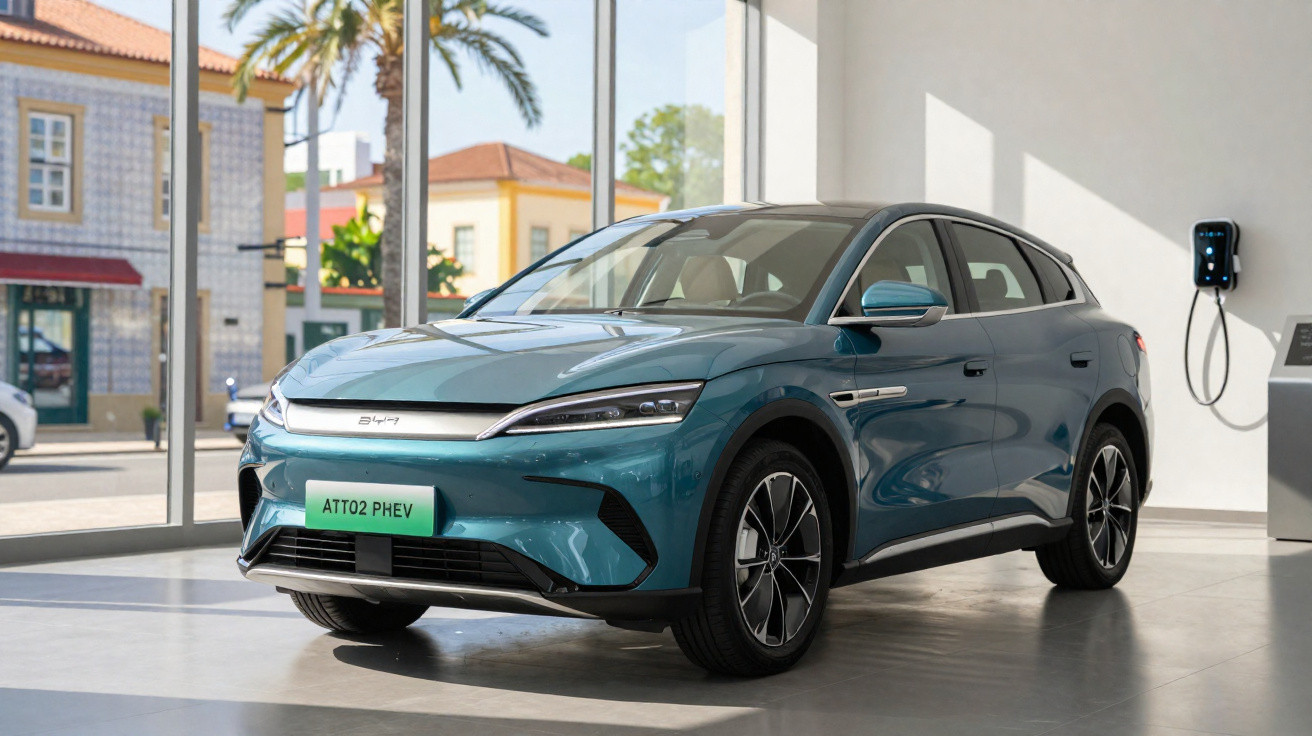 Blaues Elektroauto BYD ATTO2 PHEV in hellem Showroom neben Ladestation und großen Fenstern.