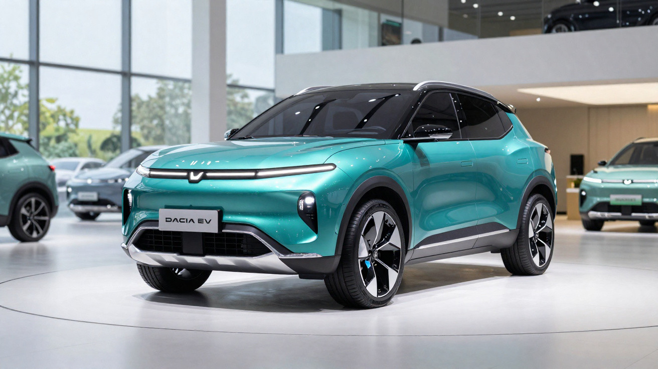 Blinkend türkiser Dacia EV Elektro-SUV in modernem Autohaus, steht auf drehbarer Plattform.