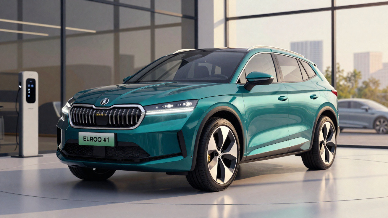 Türkisfarbener elektrischer SUV Skoda Elroq in moderner Ausstellung mit Ladestation im Hintergrund.