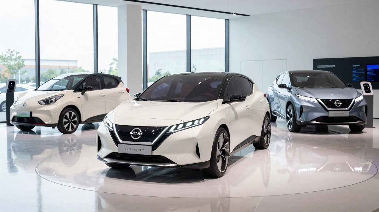 Drei moderne Elektroautos von Nissan in einem hellen Ausstellungsraum mit großen Fenstern.