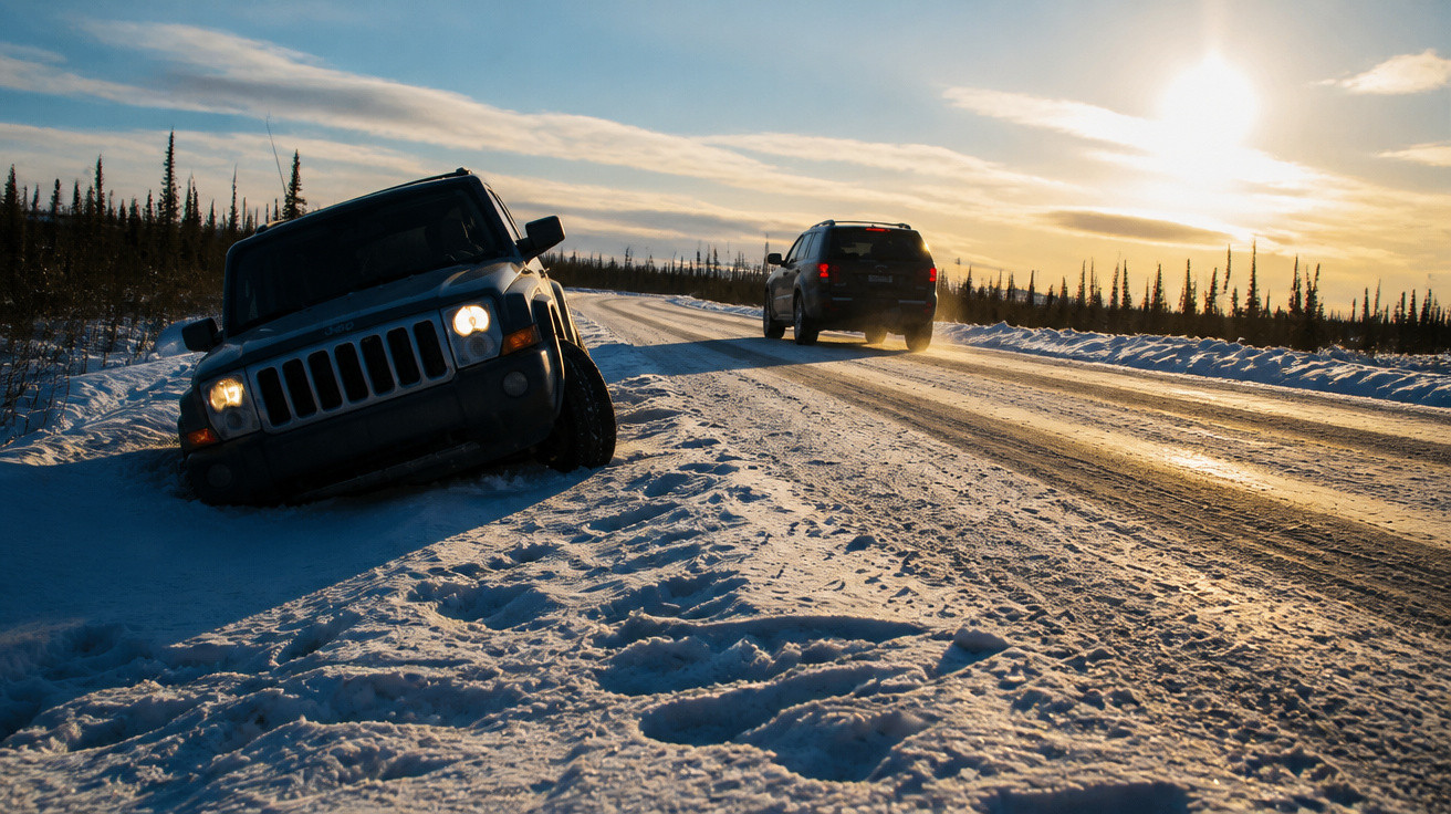 SUV im Schnee steckengeblieben neben vereister Straße bei Sonnenuntergang, ein weiteres Fahrzeug fährt vorbei.