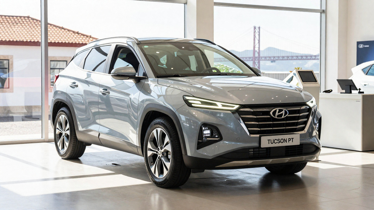 Grauer Hyundai Tucson SUV steht in einem hellen Autohaus mit Panoramafenstern und Blick auf eine Brücke.