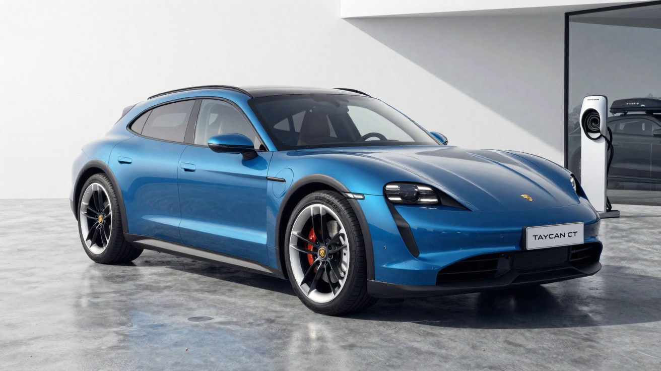 Blauer Porsche Taycan Cross Turismo an Ladestation auf glänzendem Betonboden vor weißer Wand.