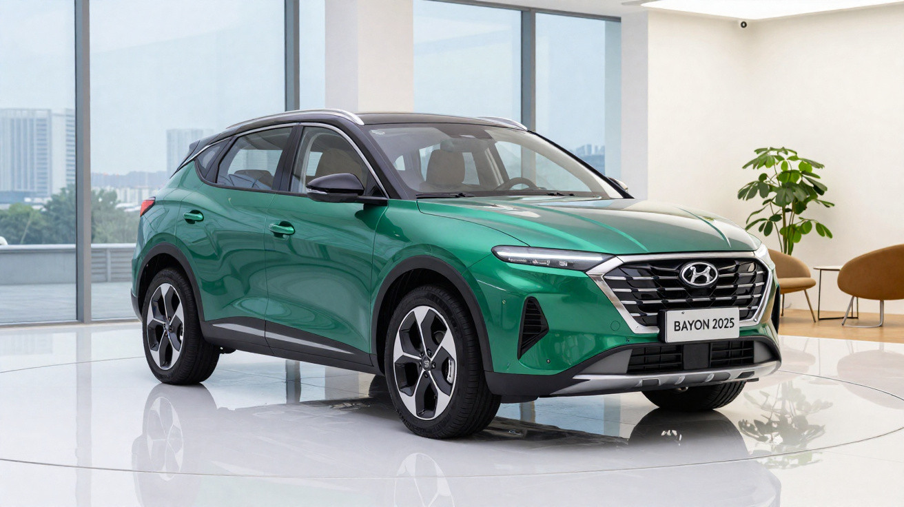 Grüner Hyundai Bayon 2025 SUV steht in modernem, hellem Showroom mit großen Fenstern und Pflanzen.