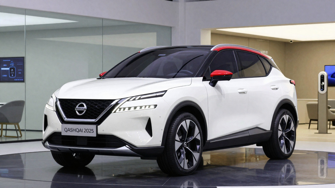 Weißer Nissan Qashqai 2025 SUV mit schwarzem Dach und roten Akzenten im modernen Ausstellungsraum.