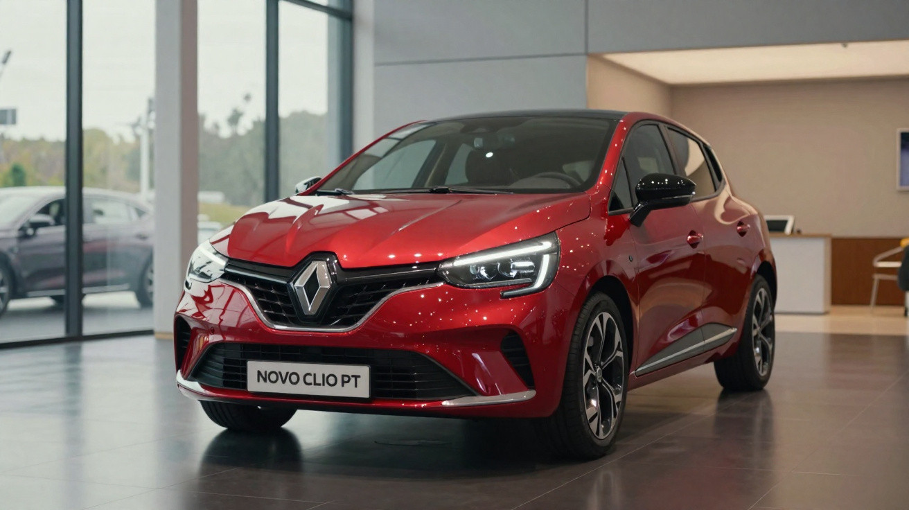 Roter Renault Novo Clio PT im Showroom bei Tageslicht, moderner kompakter Kleinwagen mit LED-Scheinwerfern.