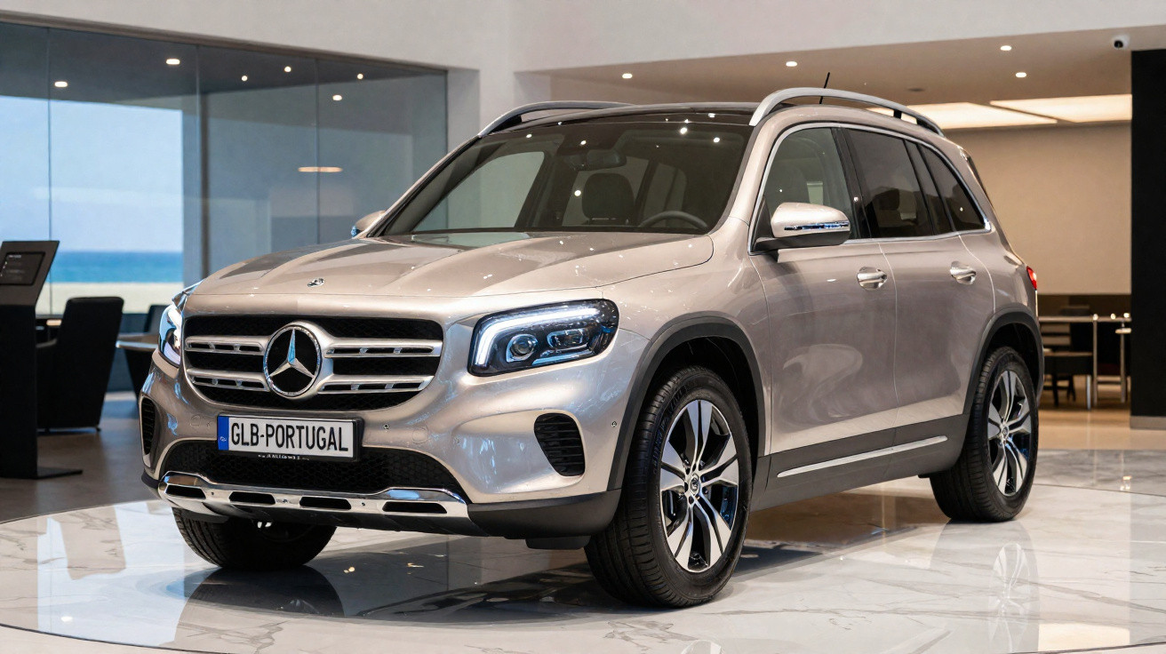Silberner Mercedes-Benz GLB SUV in modernem Showroom mit Marmorfliesenboden.