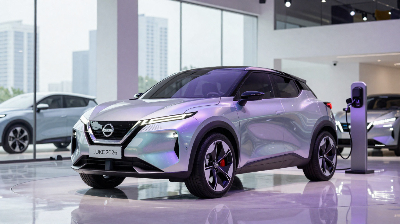 Silberner Nissan Juke 2026 Elektroauto, stehend an Ladestation in modernem Autohaus mit großer Fensterfront.