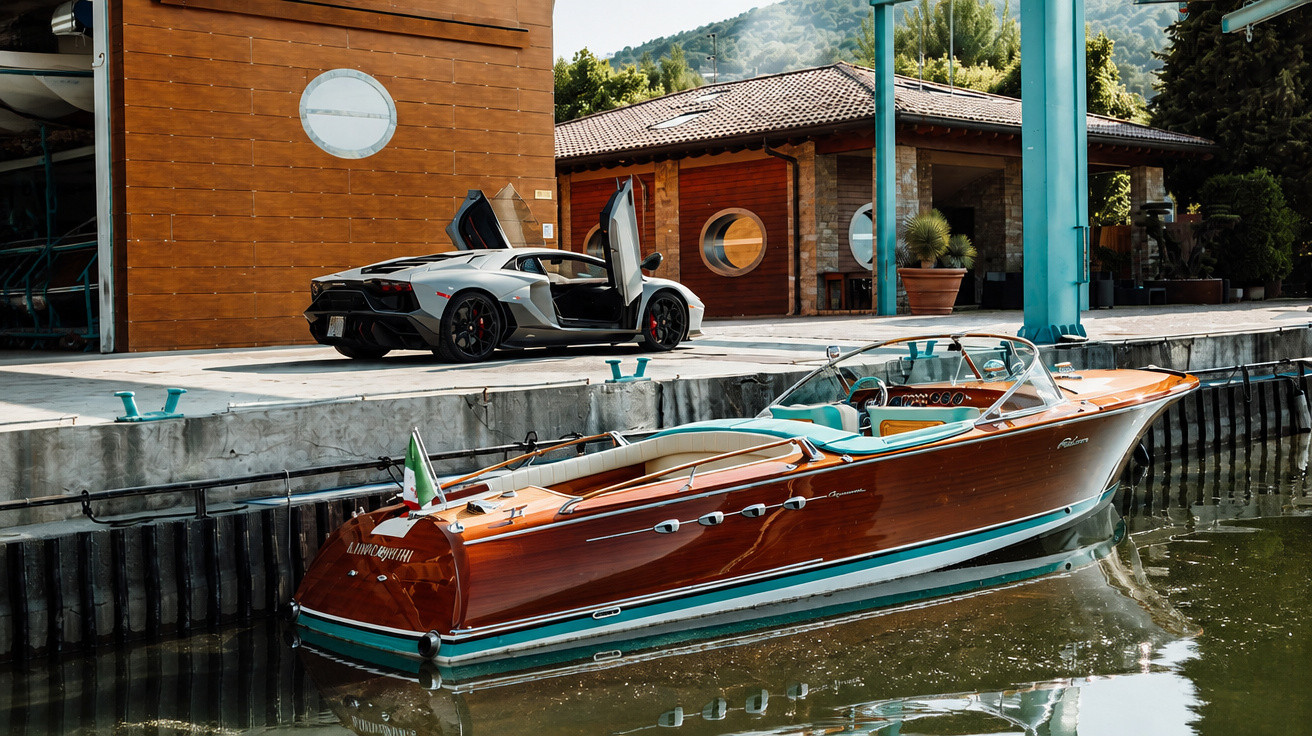 Braunes Holzboot am Wasser vor modernem Haus, daneben weißer Sportwagen mit geöffneten Flügeltüren.