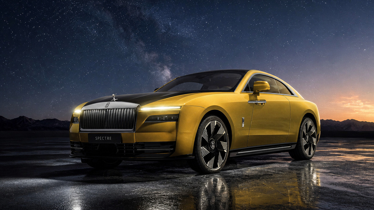 Gelber Rolls-Royce Spectre bei Nacht vor Sternenhimmel und Berglandschaft auf nasser Fläche.