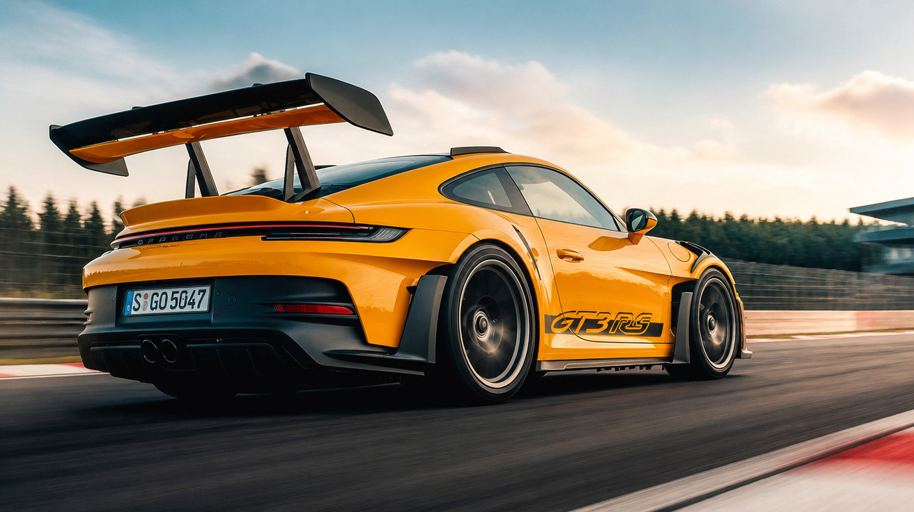 Gelber Porsche 911 GT3 RS fährt auf Rennstrecke bei Sonnenuntergang.