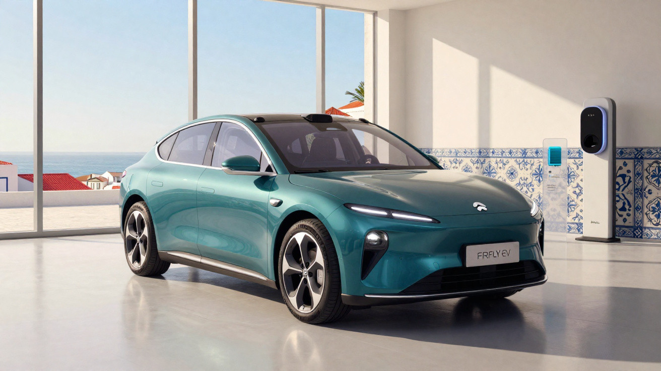 Grünes Elektroauto Nio ET5 in modernem Raum mit Ladesäule und Meerblick durch große Fenster.