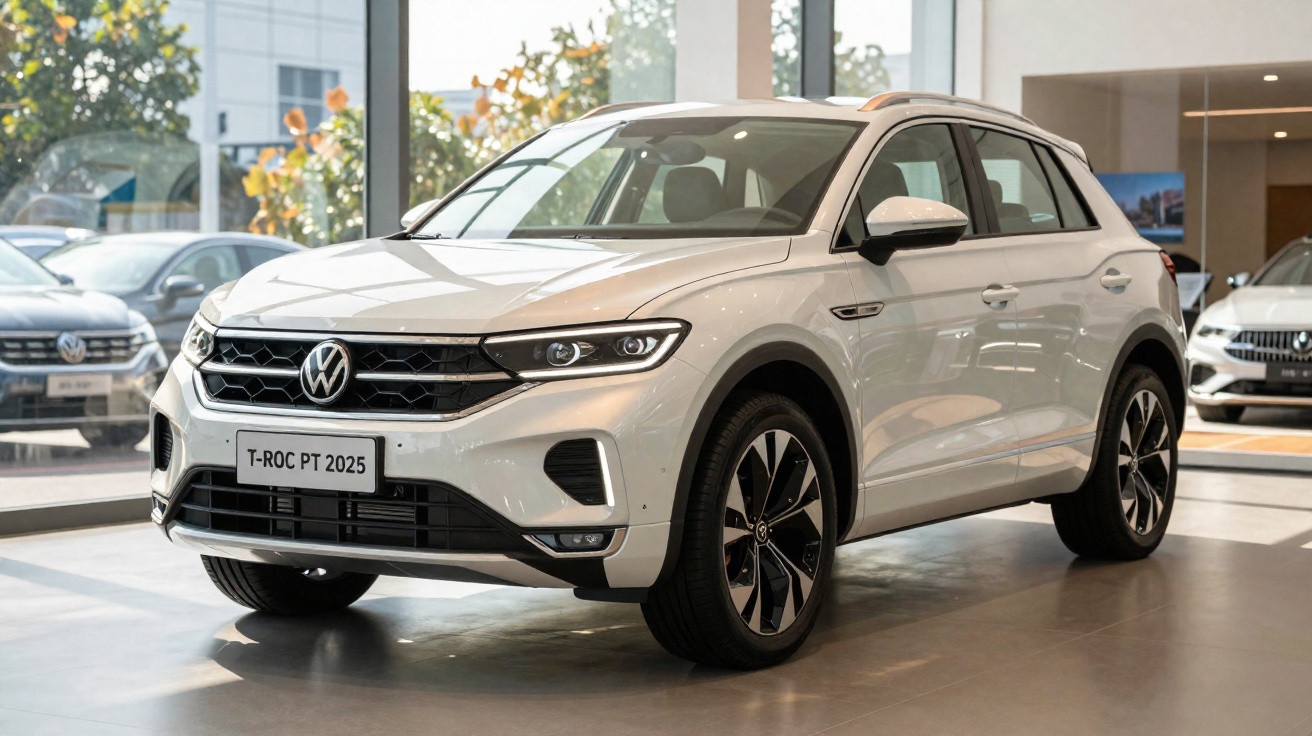 Weißer Volkswagen T-Roc PT 2025 SUV in einem modernen Autohaus ausgestellt.