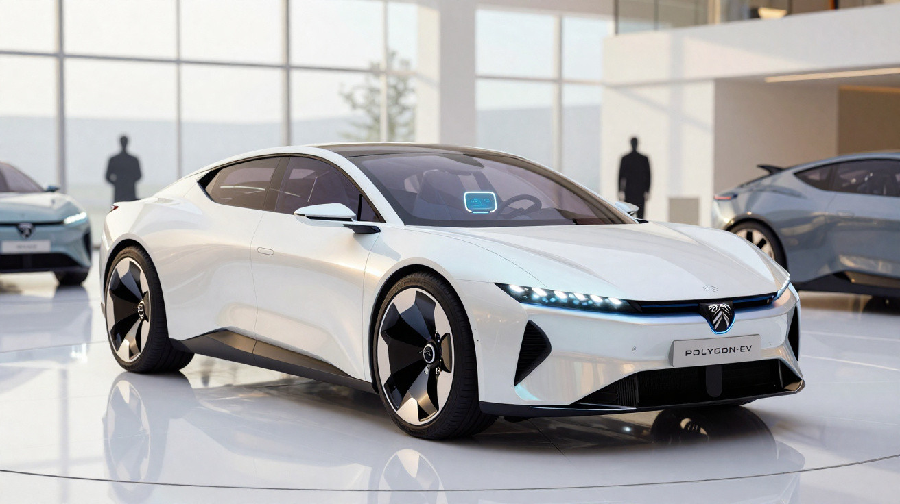 Weißes, futuristisches Elektroauto Polygon-EV in einem modernen Autohaus mit weiteren Fahrzeugen im Hintergrund.