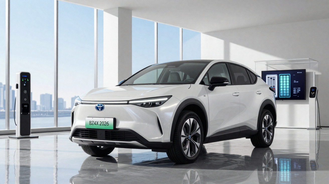 Weißer Toyota Elektro-SUV steht in modernem, lichtdurchfluteten Raum neben Ladestation und digitaler Anzeige.