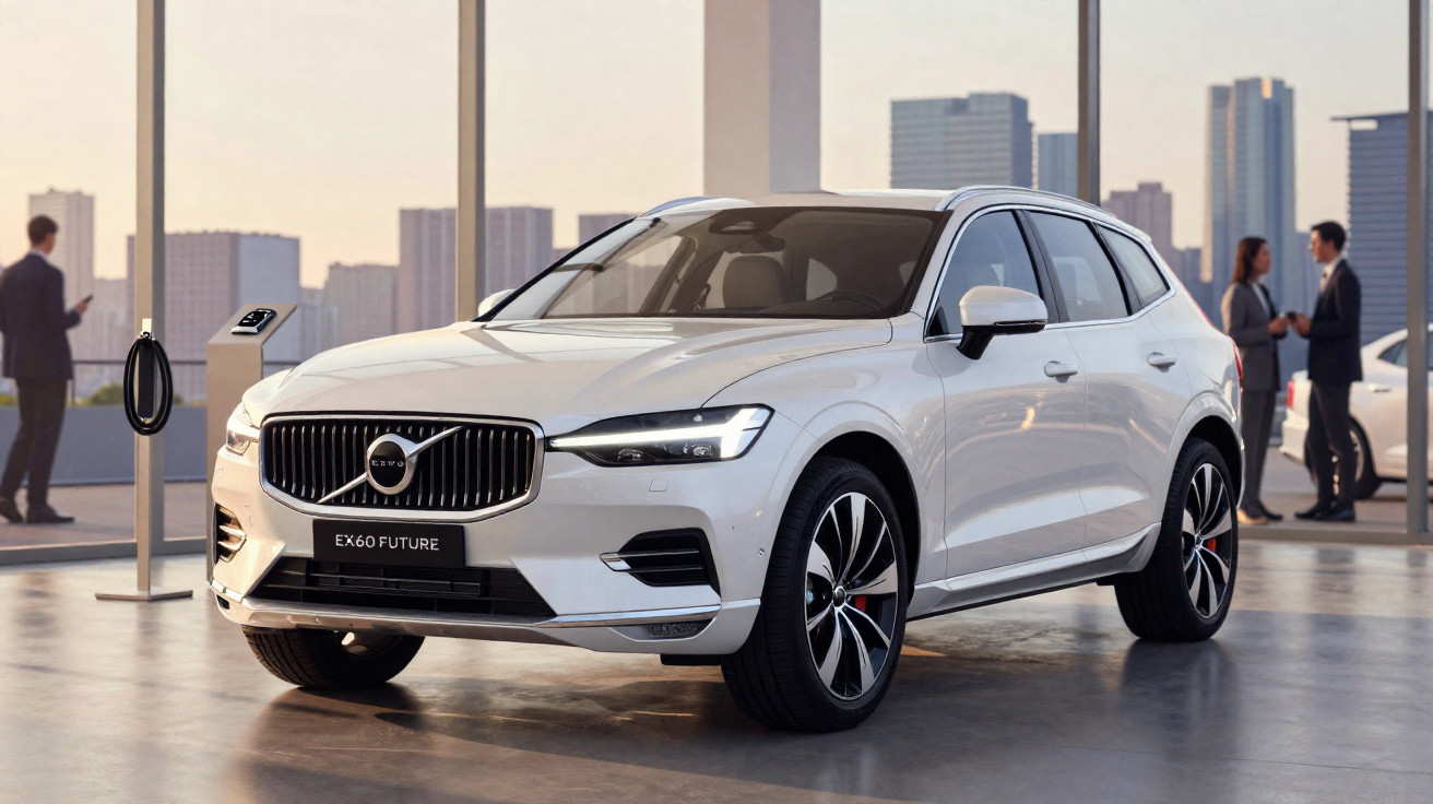 Weißer Volvo EX60 Future SUV in modernem Showroom mit hoher Decke und Stadtblick.