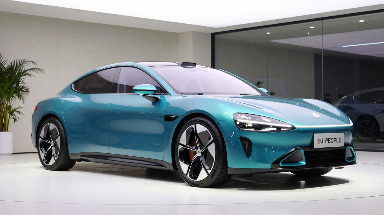 Blau glänzendes, modernes Elektroauto in hellem Showroom mit glatten Linien und großen Felgen.