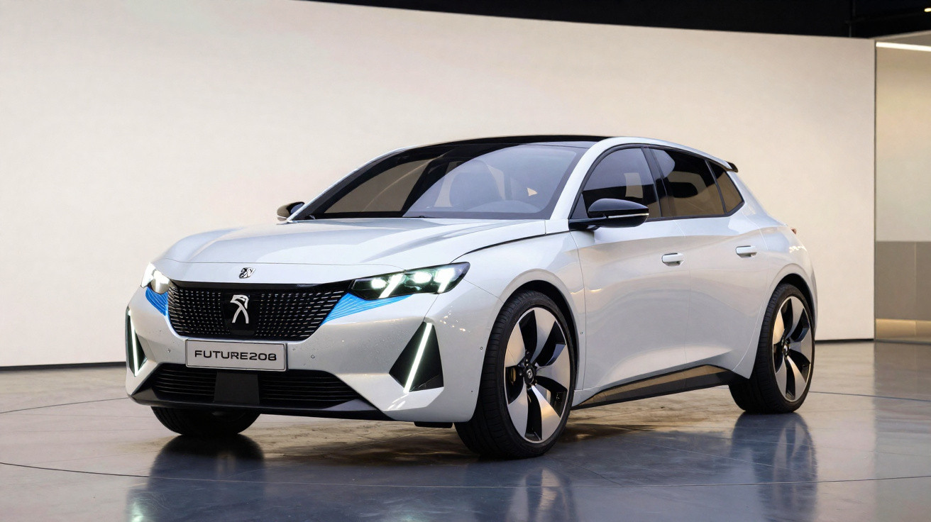 Weißer Peugeot Future 208 Elektro-Kompaktwagen mit modernem Design vor weißer Wand in Halle.