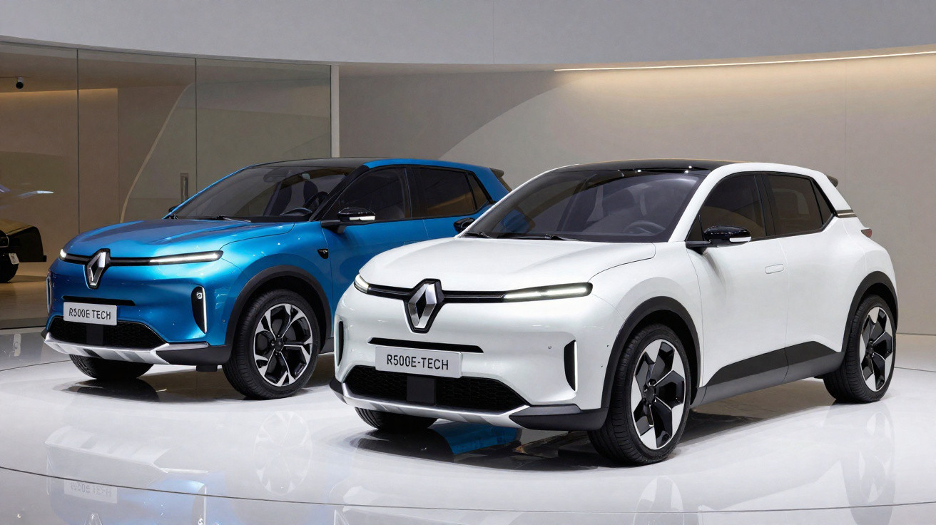 Zwei Renault R500E-Tech Elektro-SUVs in Weiß und Blau auf weißem Ausstellungsboden.