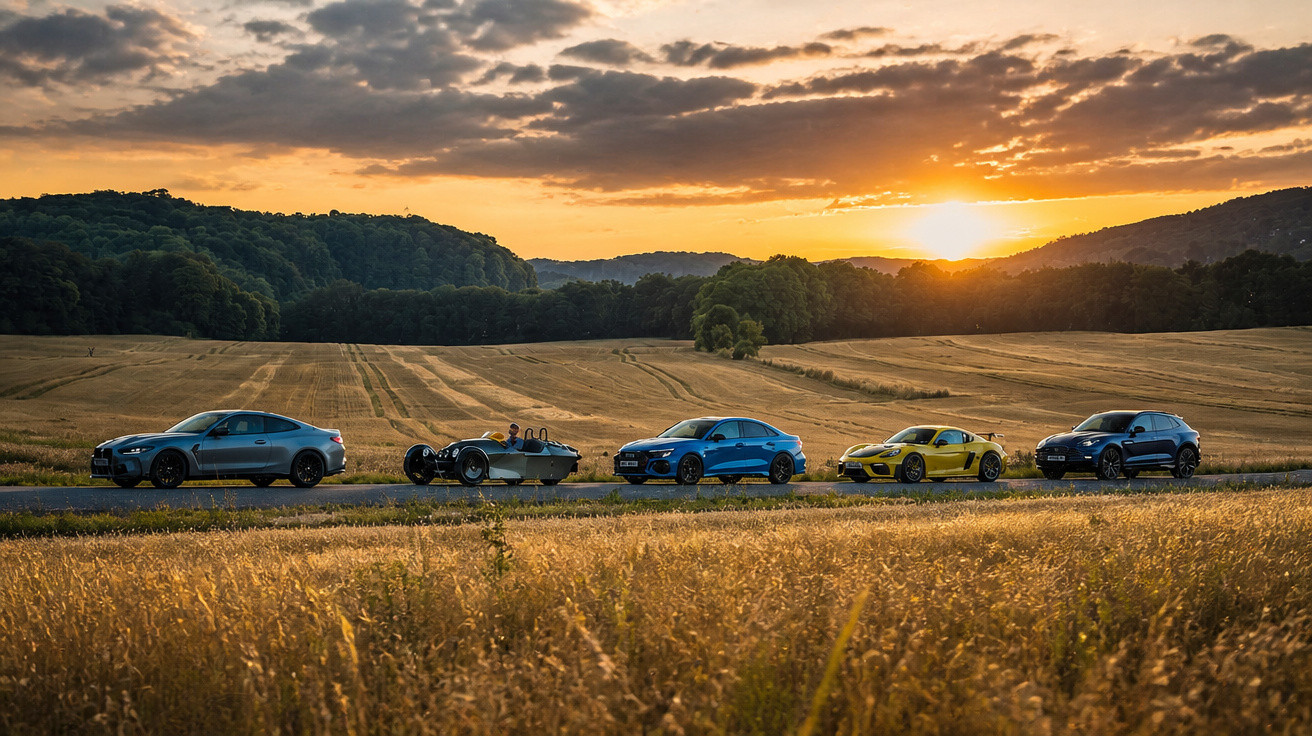 Fünf verschiedene Autos stehen auf einer Landstraße vor Feldern und Hügeln beim Sonnenuntergang.