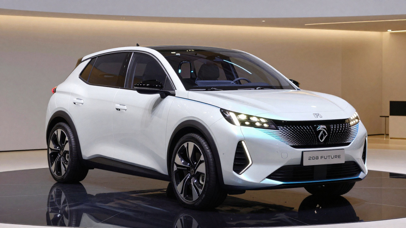 Weißes Elektro-SUV Peugeot 208 Future auf runder Präsentationsfläche in modernem Ausstellungsraum.