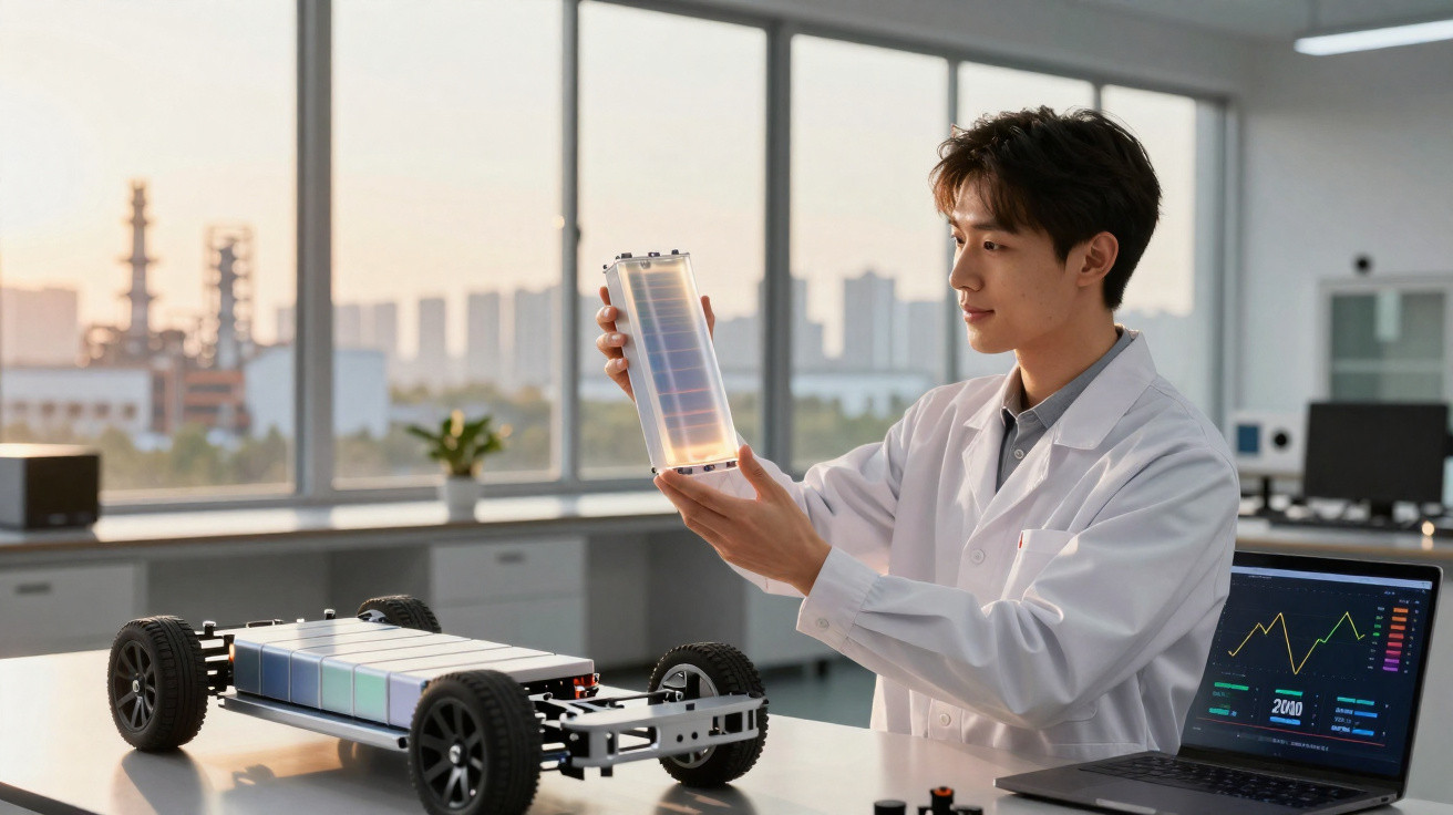 Ingenieur im Labor untersucht modularen Batteriezellenblock neben E-Auto-Chassis und Laptop mit Diagrammen.