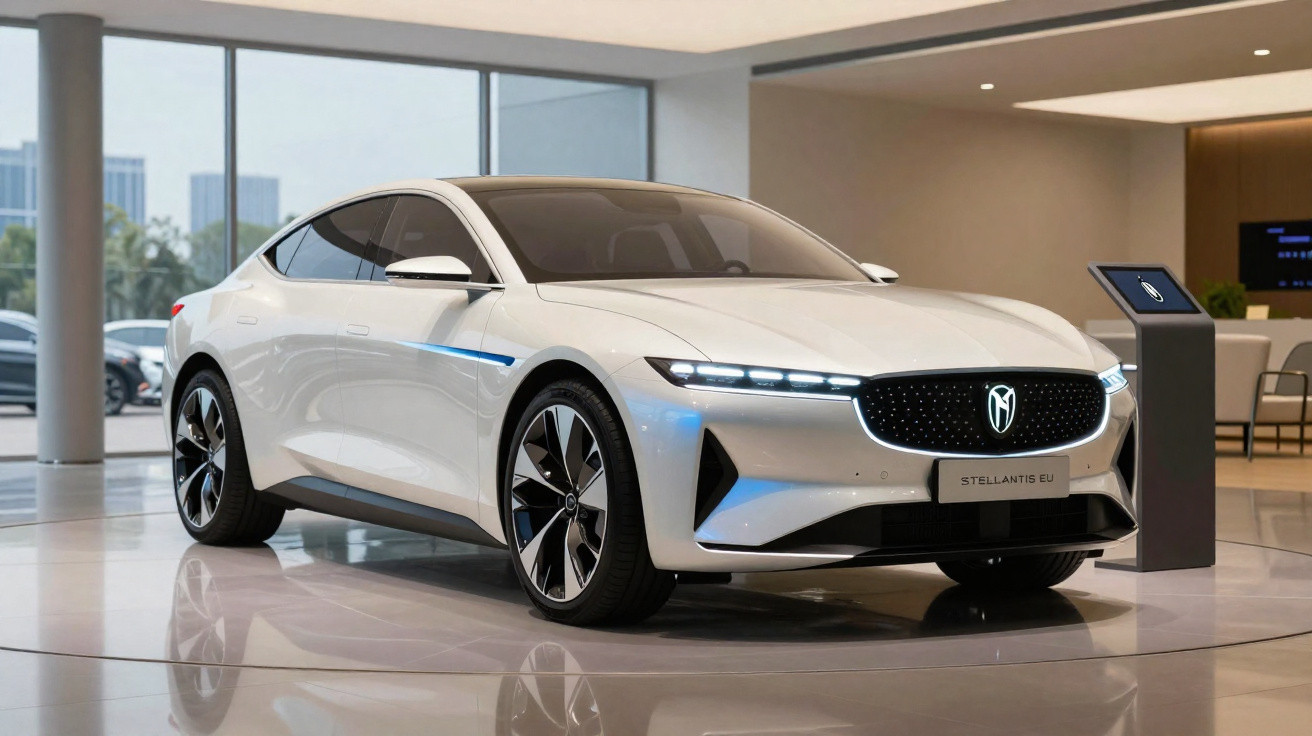 Weißes Elektroauto mit futuristischem Design in modernem Innenraum auf Drehplattform.