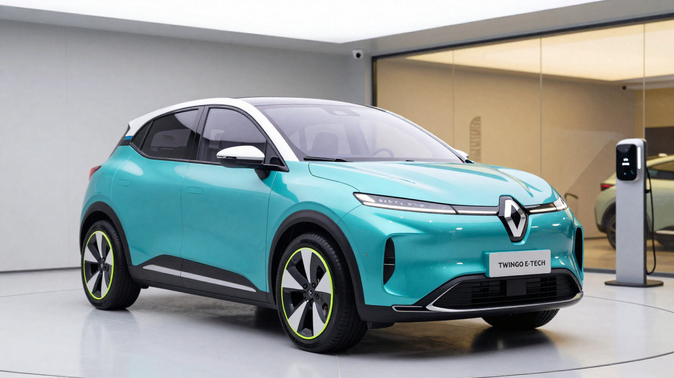 Türkisfarbener Renault Twingo E-Tech Elektroauto in einem modernen Showroom neben einer Ladestation.