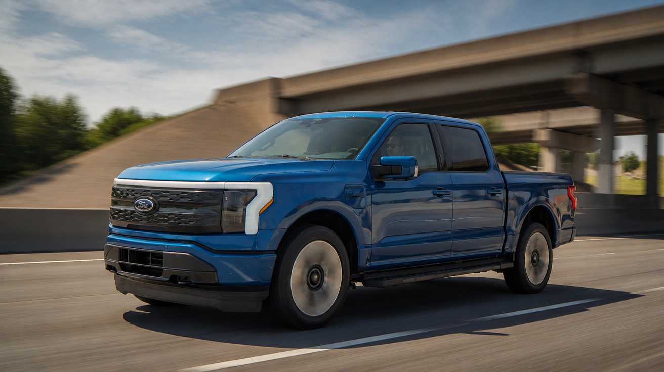 Blauer Ford F-150 Lightning Elektro-Pickup fährt auf mehrspuriger Straße unter Brücke bei Tageslicht.