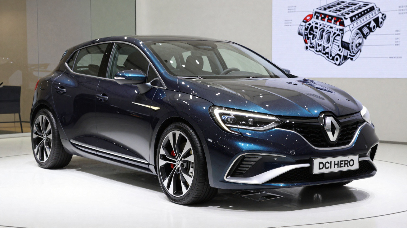 Dunkelblauer Renault DCI Hero Kleinwagen auf Autoausstellung vor technischem Motorplan an der Wand.