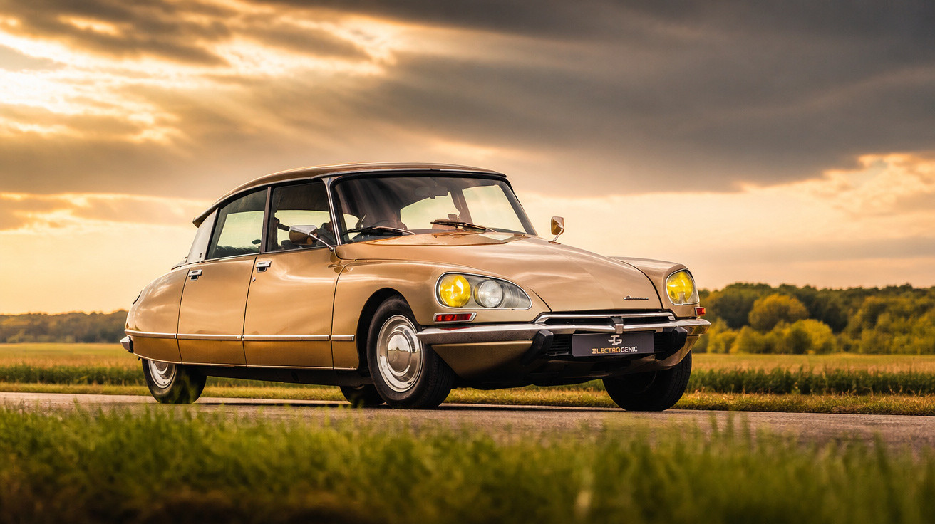 Beige klassischer Citroën DS auf Landstraße bei Sonnenuntergang mit bewölktem Himmel.